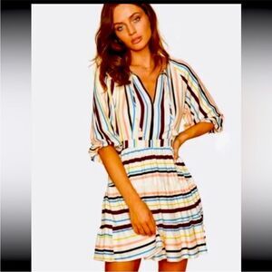 LOST + WANDER Mini Dress Cory Rainbow Cream Sz Medium  Striped Lined Boho
